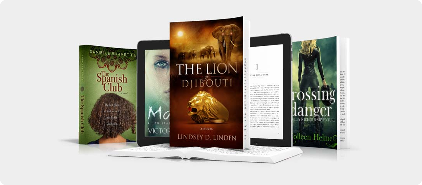 Book covers displayed closely beside e-reader tablets showing open digital pages