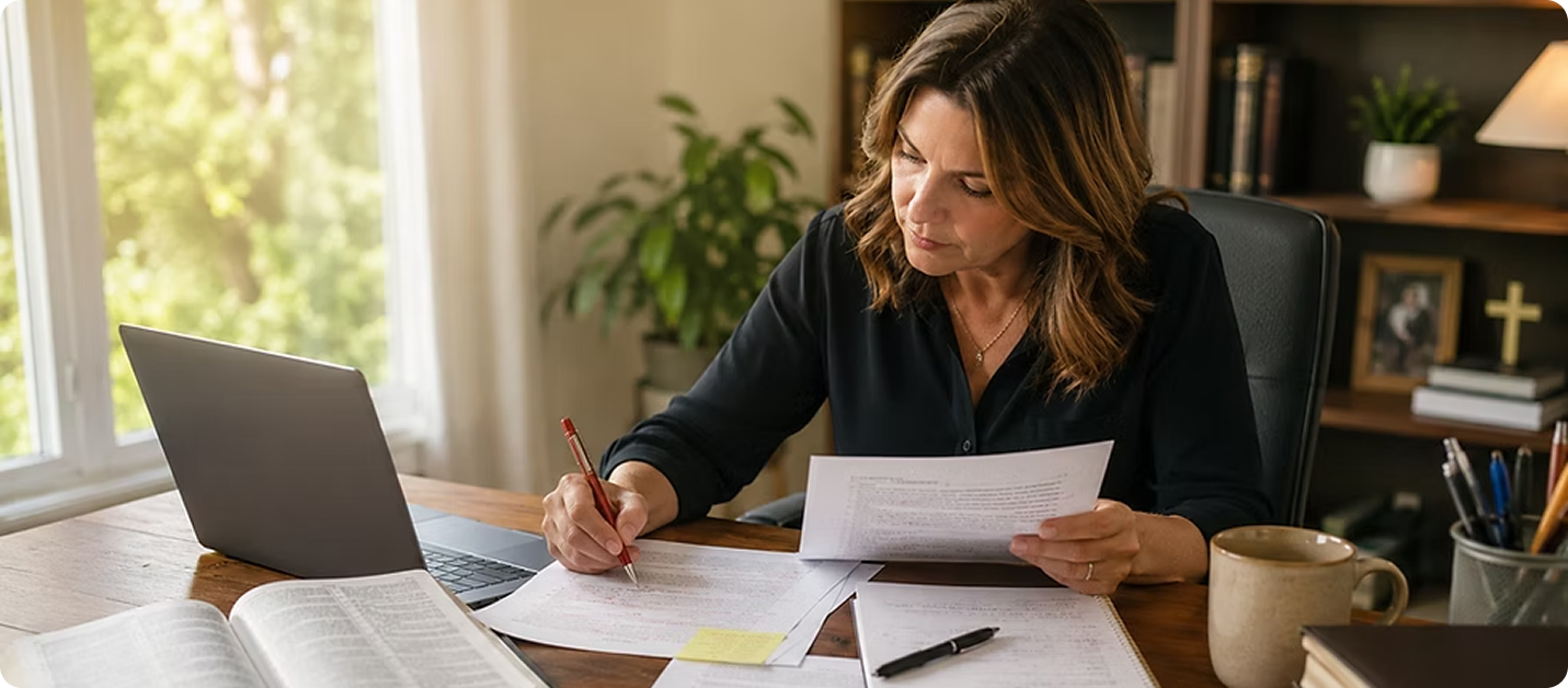 Woman carefully reviewing printed manuscript pages with a pen at her office desk