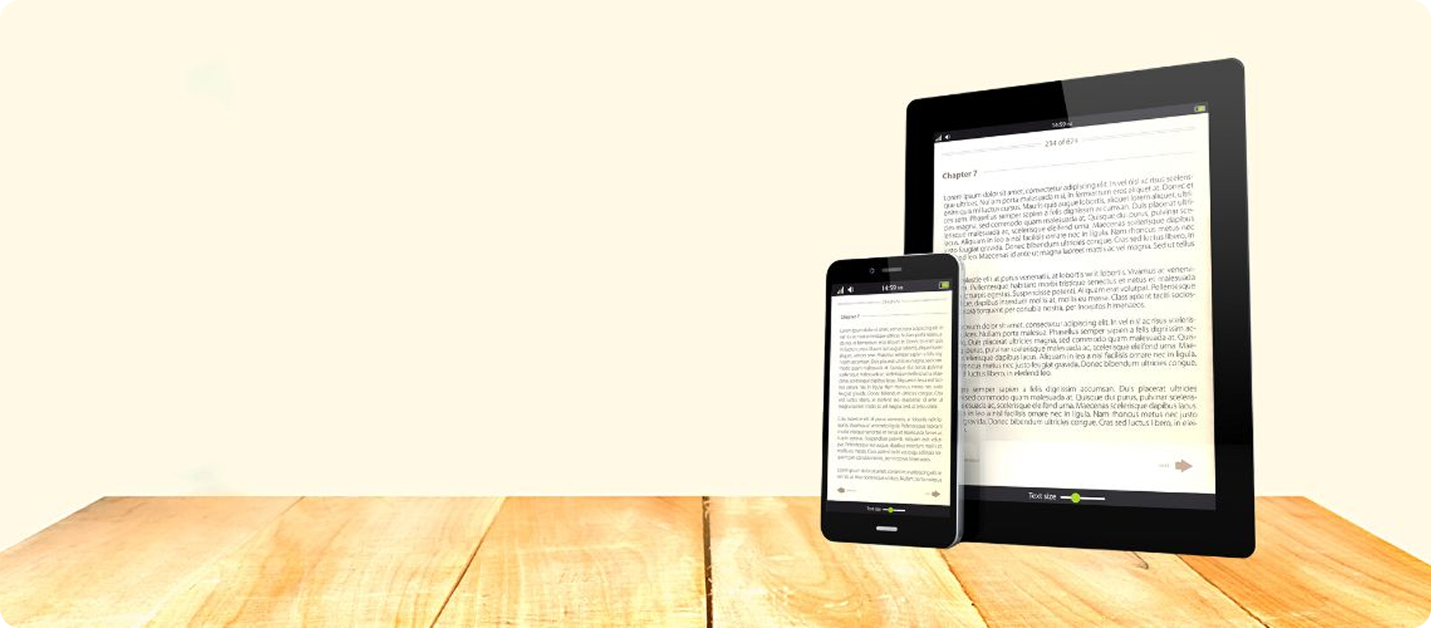 Tablet and smartphone display an open e-book reader showing Chapter 7 of a novel