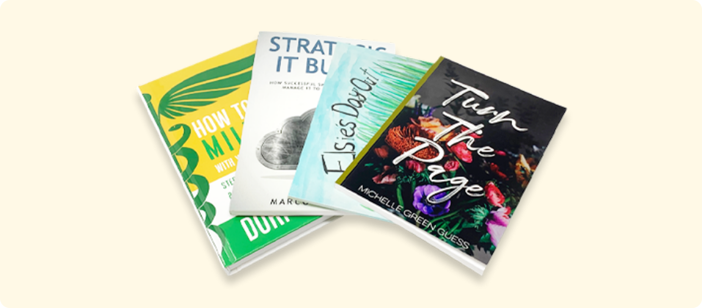 Four assorted self-published book covers fanned out showing different genres now