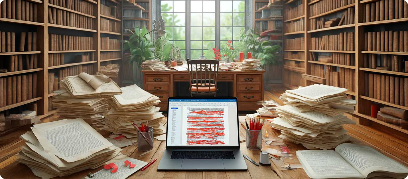 Messy desk with laptop, stacked papers, and books in cluttered library