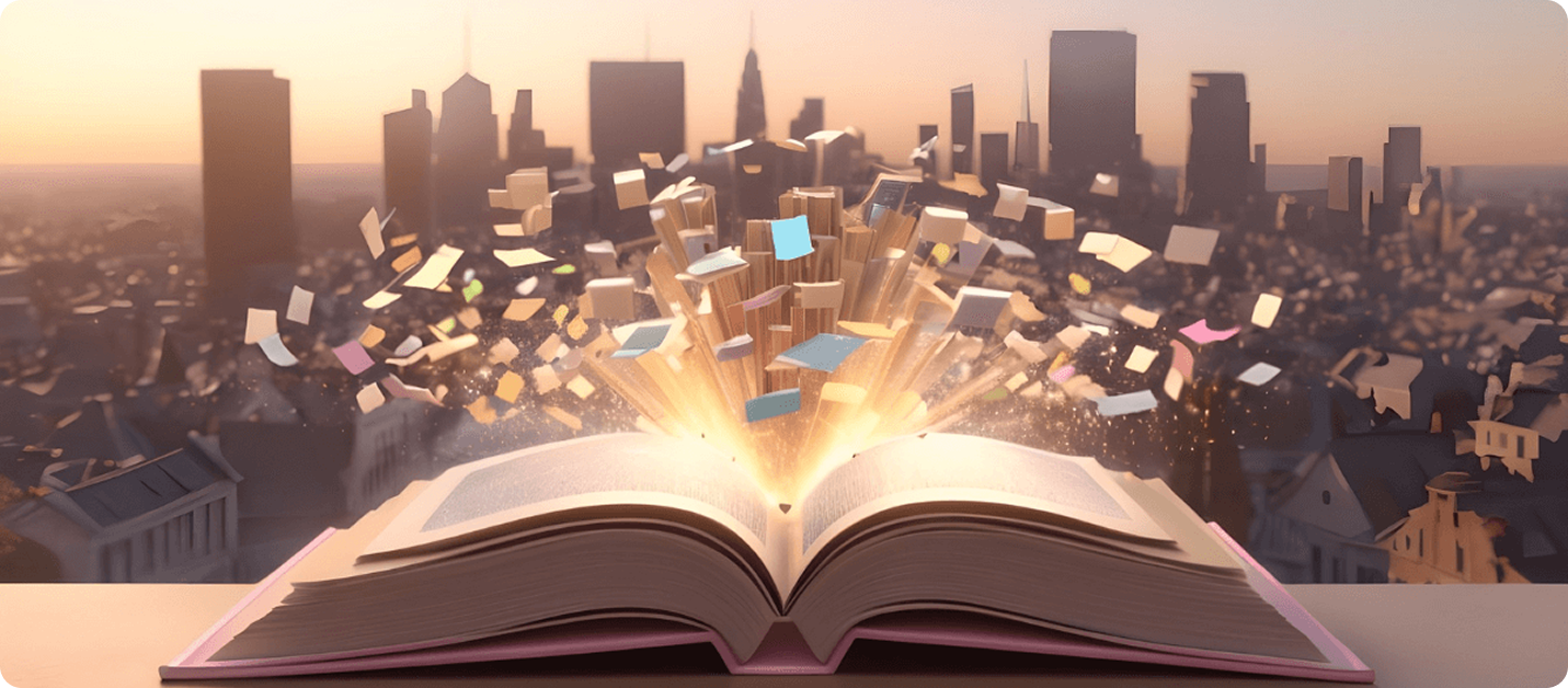 Open book releasing flying pages against a city skyline at sunset