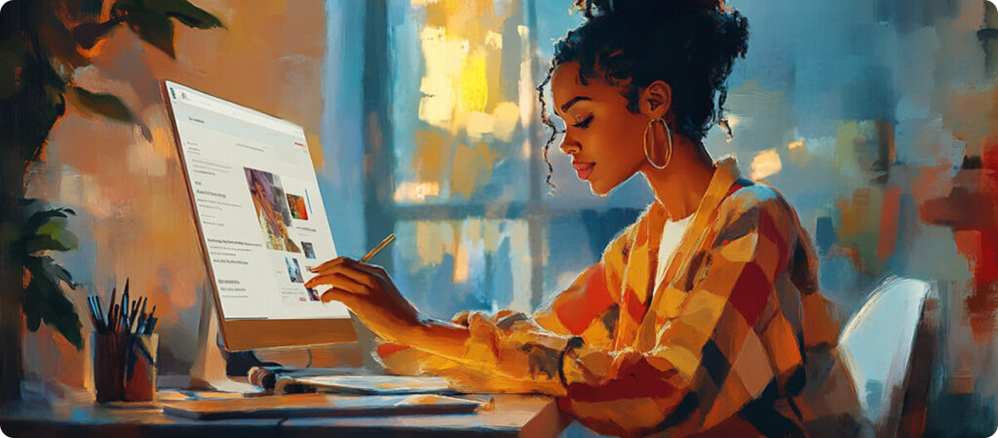 Illustrated woman working on computer screen with website open
