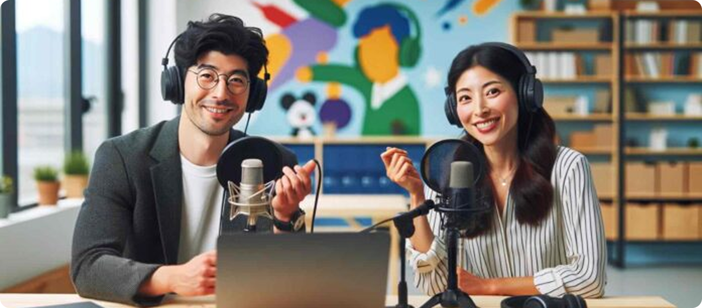 Man and woman smiling with headphones recording a podcast