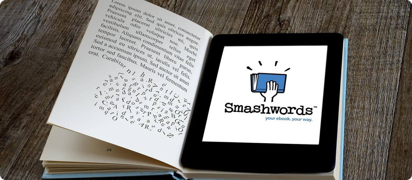 E-reader showing Smashwords logo resting on an open book