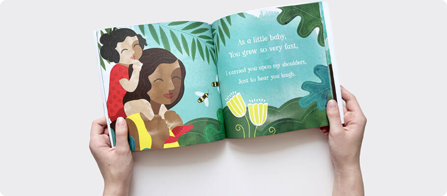 Open children's book page showing mother and child illustration