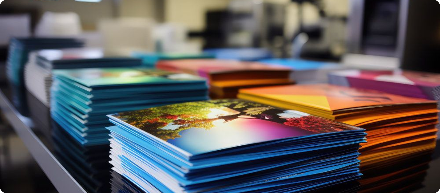 Stacks of colorful printed books on table at print facility